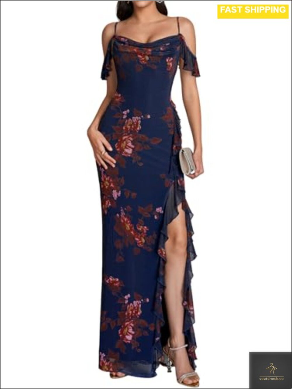 Women Stretch Mesh Floral Maxi Dress Cowl Neck Ruffle High Slit Formal Wedding